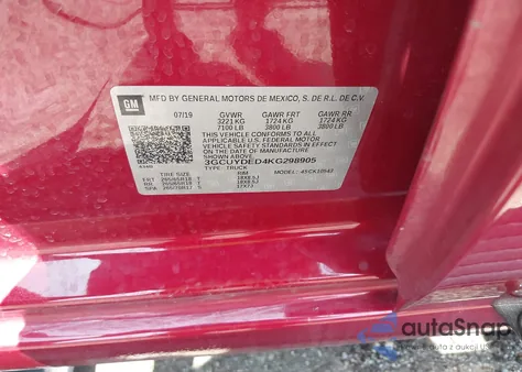 2019 Chevrolet Silverado 1500 Lt из США, поврежденный, VIN 3GCUYDED4KG298905